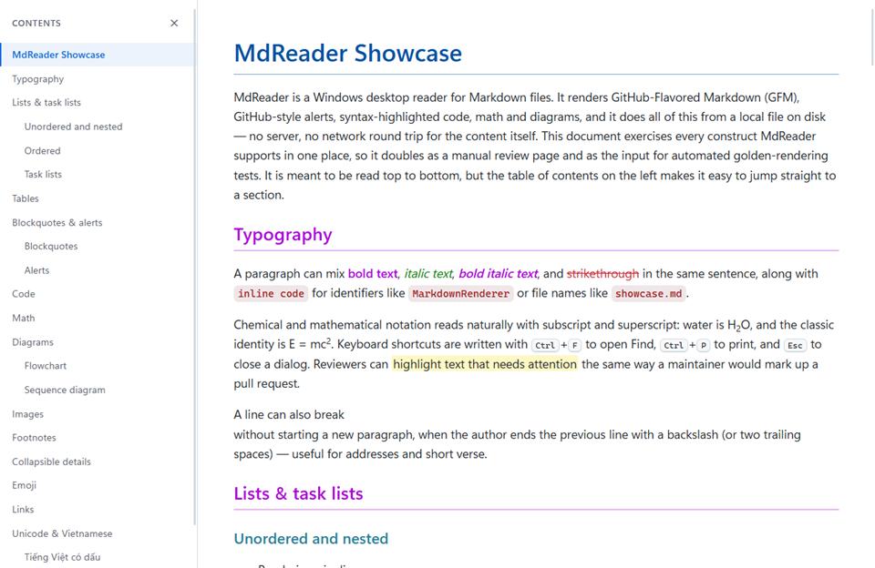 A rendered Markdown document with coloured headings, inline code and a highlighted phrase, beside a contents panel listing its sections.