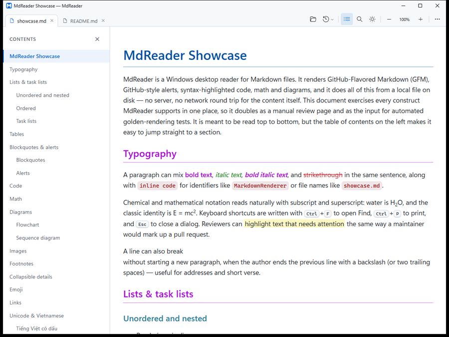 The MdReader window on Windows, with two file tabs, a toolbar, a contents panel and a rendered document.